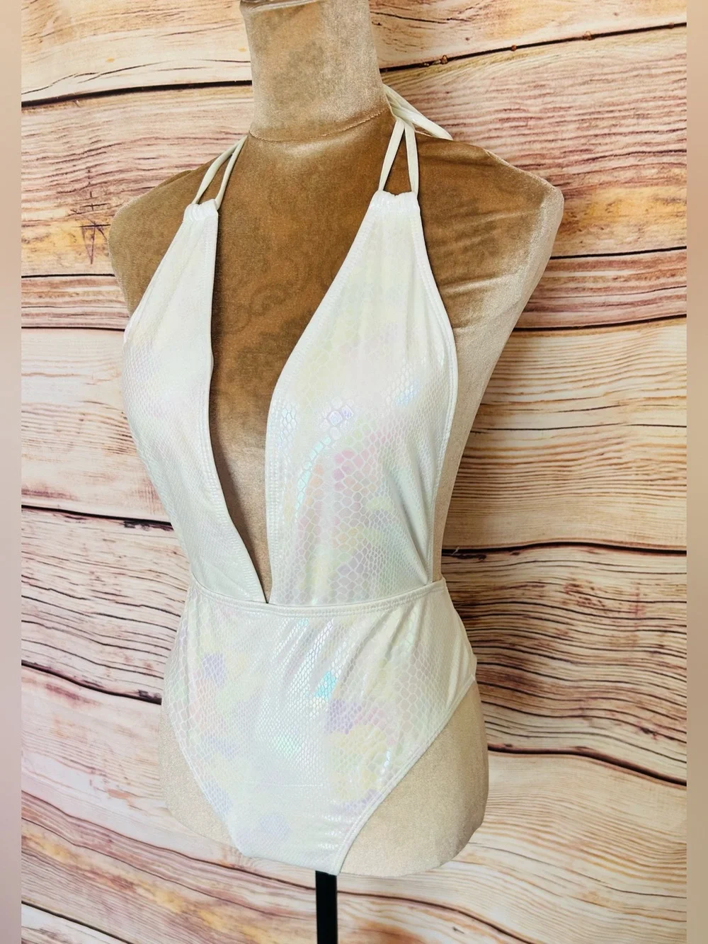 SHEIN White Snakeskin Print Iridescence Plunging One-Piece Swim Suit L NWT
